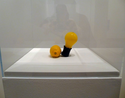 Joseph Beuys. “Capri Batterie”. 1985. Wooden box, yellow bulb with support to connect to a lemon. Box: 7 ½ x 7 ½ x 7 ½ inches (19 x 19 x19 cm), bulb with holder: 4 ½ x 2 ½ x 2 ½ inches (11.4 x 64 x 64 cm) 