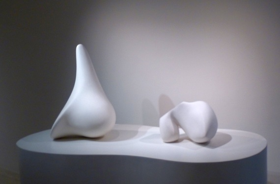 Jean Arp, Metamorphosis (Shell Swan), 1935. Plaster with paint, 26 × 18 × 16 inches (69 × 46 × 40.5 cm and Shell Crystal (Coquille-cristal), 1938. Plaster with paint, 10 1/2 × 14 5/8 × 15 5/16 inches (26.7 × 37.2 × 38.9 cm) on view at Guggenheim Museum, New York.