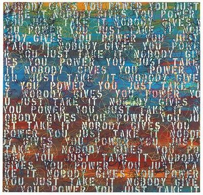 Ghada Amer SUNSET WITH WORDS - RFGA 2013 Acrylic, embroidery and gel medium on canvas 48 x 50 inches 121.9 x 127 centimeters