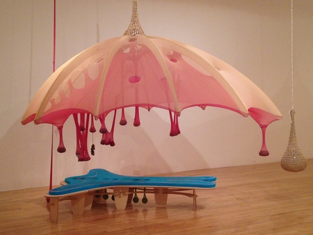 Egg Bed Crystal Shell, 2014 Plywood, cotton fabric, polyamide textile, polyurethane foam, semiprecious stones, and pulley 